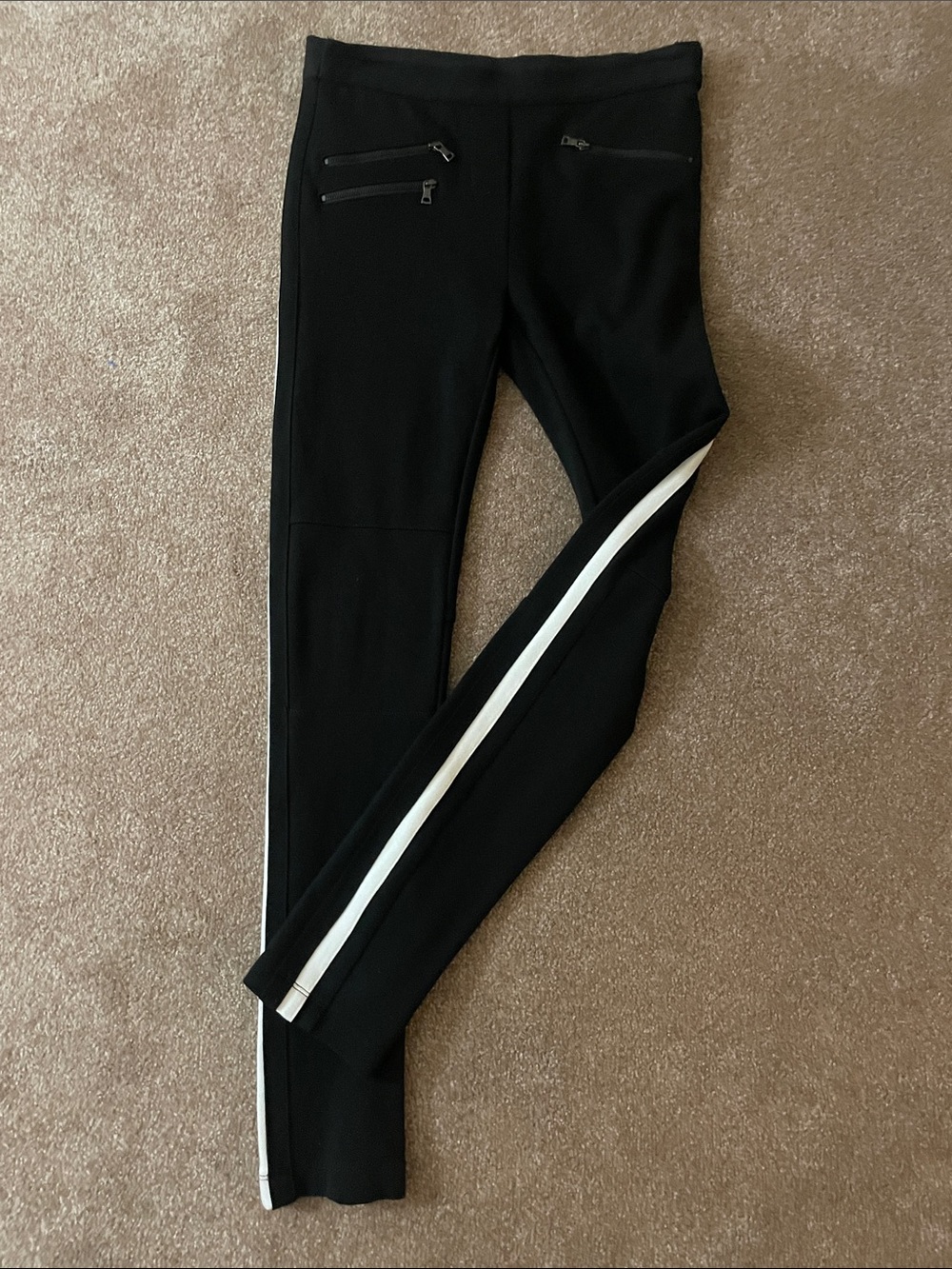 BCBGMaxAzria Black Slim Zip-Front Jogger Pants with white side stripe Sz small